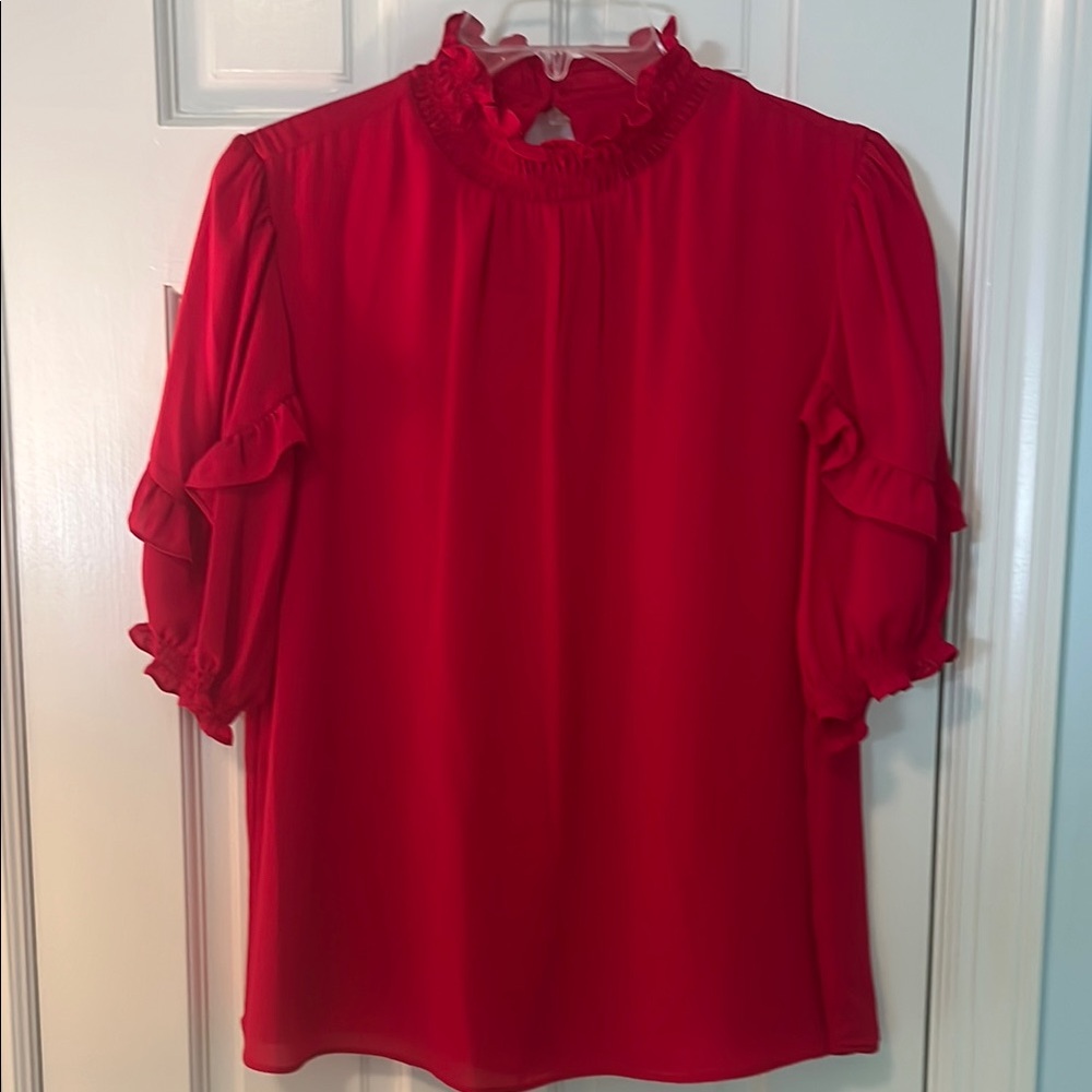 Tahari Red Ruffled Mandarin Collar Blouse